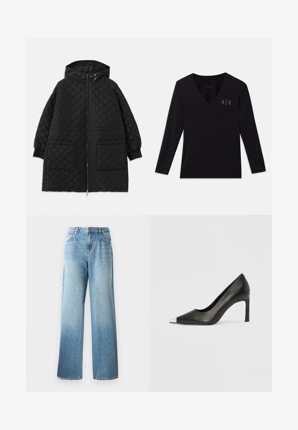 Abrigo acolchado negro con capucha, cierre frontal, dos grandes bolsillos de parche, mangas con puños y cordones ajustables en la capucha.; Camiseta negra de manga larga con escote en V, hecha de algodón suave; cuenta con el logo bordado "A/X" en gris en el lado superior izquierdo.; Vaqueros de mezclilla de color azul claro, con un corte holgado, piernas rectas y sutiles adornos. Presentan un diseño tradicional de cinco bolsillos y pasadores para el cinturón.; Zapato de tacón alto de cuero negro con punta en forma de pico y una tapa metálica plateada. Presenta un acabado suave y un tacón delgado de 10 cm.