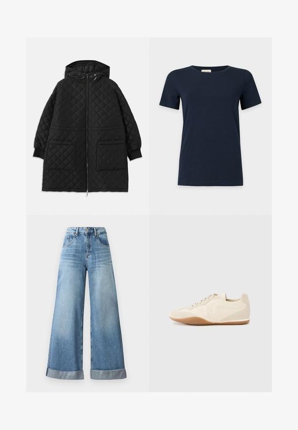 Sort, quiltet hættejakke med frontlynlås, to store påsyede lommer, manchetter ved ærmerne og justerbare snore i hætten.; Enkel mørkeblå T-shirt med korte ærmer og rund halsudskæring på en lys grå baggrund.; Lysblå vidbenede jeans i denim med høj talje, der har knaplukning, fem lommer og opfoldede manchetter forneden.; Lyse beige sneakers med en tekstureret læderoverdel, teksturerede sider og en gummisål. Har et slankt, strømlinet design og flade snørebånd.