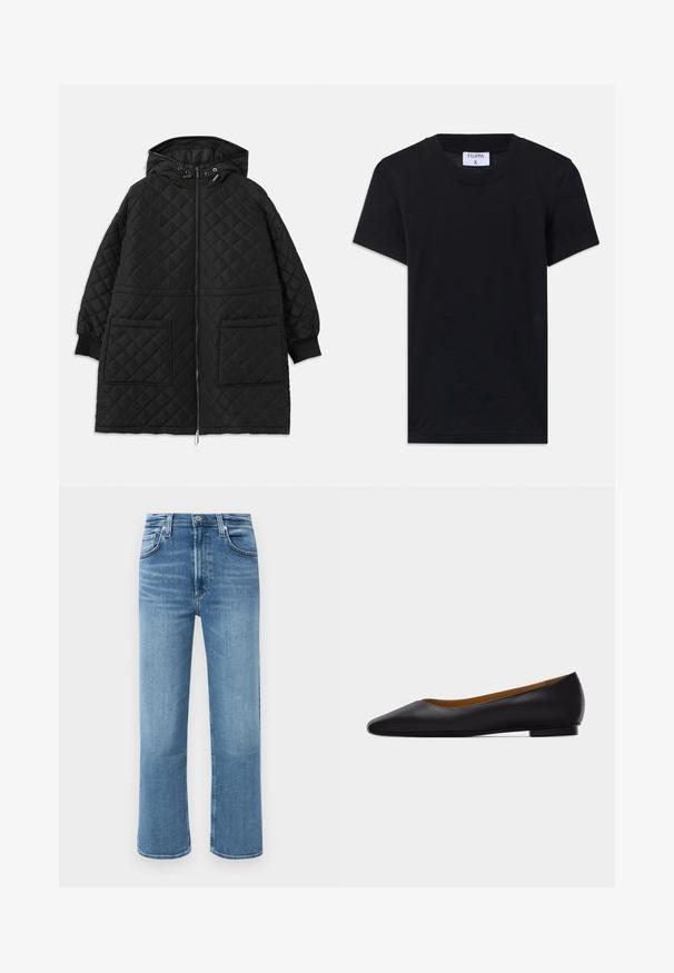 Sort, quiltet hættejakke med frontlynlås, to store påsyede lommer, manchetter ved ærmerne og justerbare snore i hætten.; Sort bomulds T-shirt med rund hals, korte ærmer og en afslappet pasform. Etiketten viser "FILIPPA K" ved halsudskæringen.; Mellemblå, lige ben denimjeans med høj talje, frontknap og fem-lomme stil på en ensfarvet baggrund.; Sort læder flad sko med spids tå, lav hæl og glat finish, vist fra siden på en lysegrå baggrund.