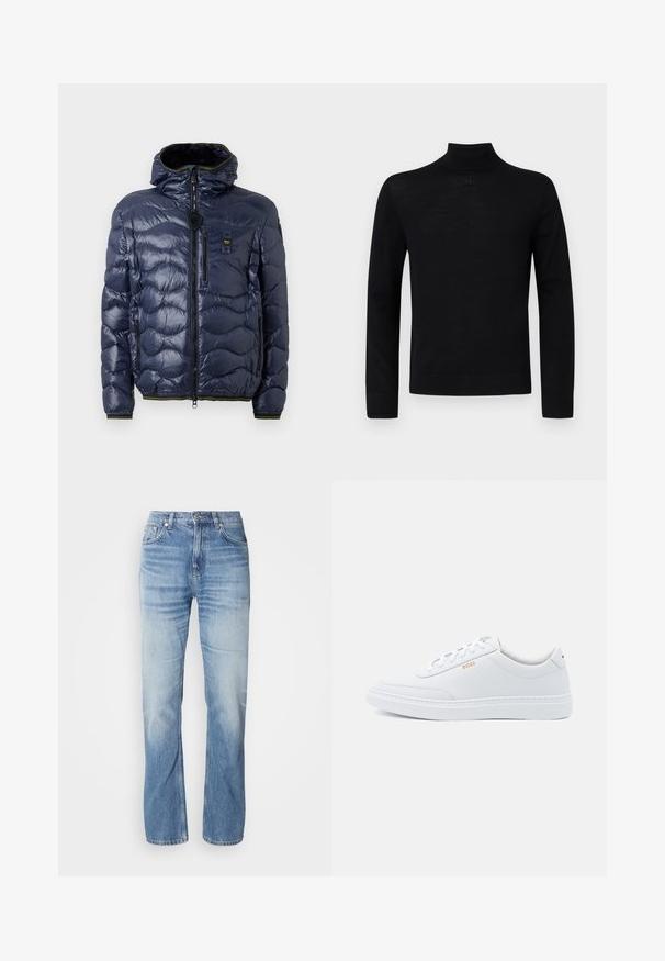 Chaqueta tipo plumón navy con acabado brillante, patrón acolchado, cierre por cremallera, capucha ajustable y bolsillos laterales. Cuenta con acentos en negro y amarillo.; Suéter de cuello alto negro hecho de una tela suave, con mangas largas y una silueta ajustada, decorado con un pequeño detalle redondo en el cuello.; Jeans de mezclilla azul claro con corte recto, acabado desgastado, cinco bolsillos y cierre de botón. Diseño clásico y grosor medio.; Zapatillas de cuero blanco con textura suave, puntera redondeada y costuras tonales. Cuentan con cordones azules y un logo dorado en el lateral.