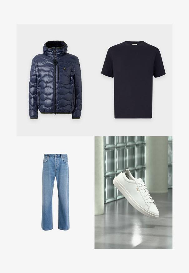 Doudoune marine avec finition brillante, motif matelassé, fermeture éclair, capuche amovible et poches latérales. Présente des accents noirs et jaunes.; T-shirt en coton bleu marine avec un col rond, des manches courtes et une coupe décontractée ; texture lisse ; sans motifs ni quincaillerie visibles.; Jeans en denim bleu clair avec une coupe droite, cinq poches, fermeture à bouton, peu d'usure et des détails de couture contrastés.; Baskets basses en cuir blanc avec lacets, languette de talon noire et logo « BOSS », flottant à l'intérieur près d'un mur en blocs de verre et d'un sol poli.
