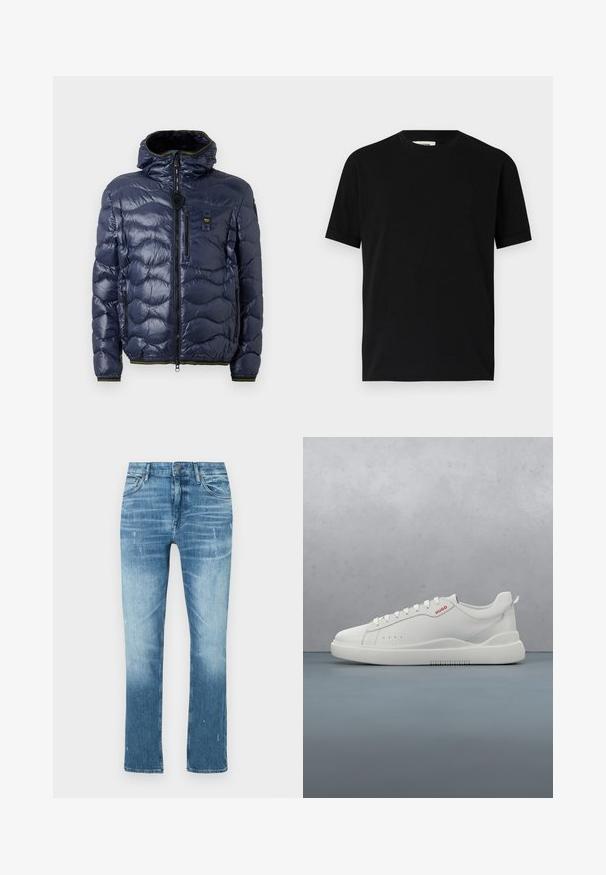 Doudoune marine avec finition brillante, motif matelassé, fermeture éclair, capuche amovible et poches latérales. Présente des accents noirs et jaunes.; T-shirt noir à manches courtes en coton avec un col rond et une coupe ample. Texture lisse, sans motifs ni logos visibles.; Jean droit bleu clair en denim, avec une finition délavée, des légères distorsions et un design traditionnel à cinq poches.; Sneaker blanche avec une finition en cuir lisse, bout rond, quatre œillets, perforations subtiles et un détail de logo rouge sur le côté.