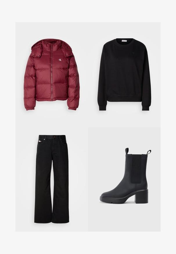 Bordeaux kleurige pufferjack met een rits aan de voorkant, afneembare capuchon, geribbelde boorden en het Calvin Klein-logo op de borst. Soepele, glanzende textuur.; Zwarte sweatshirt gemaakt van zacht materiaal, met een ronde hals, ribgebreide manchetten en een klein CK-logo op de borst. Eenvoudig, minimalistisch ontwerp.; Zwarte wijde spijkerbroek van katoen. Voorzien van zijzakken, een knoopsluiting en een klassieke denimtextuur. Minimalistisch ontwerp zonder patronen.; Zwarte enkellaars met een gladde rubberen materiaal, elastische zijkanten, blokhak en instaplipjes aan de bovenkant voor makkelijk aan- en uittrekken.