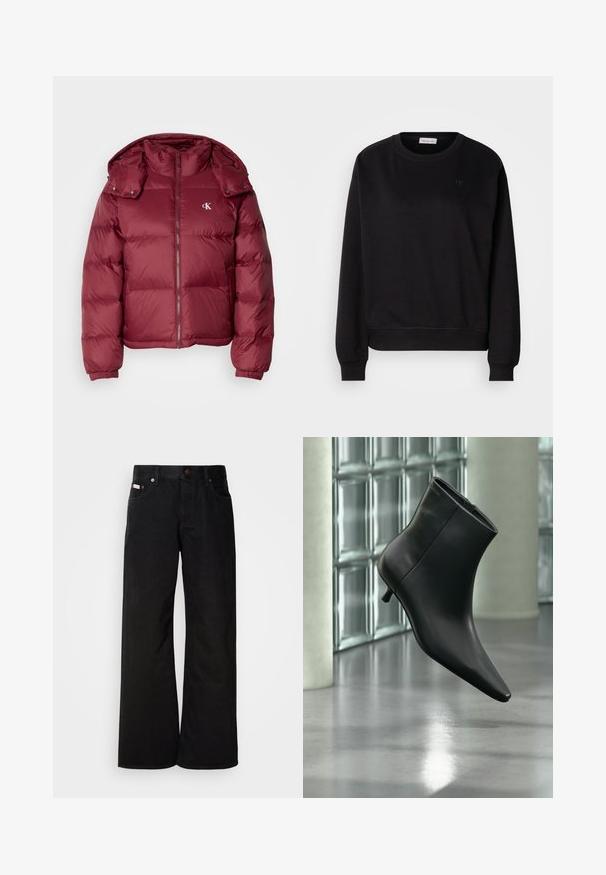 Bordeaux pufferjakke med lynlås foran, aftagelig hætte, ribbede manchetter og Calvin Klein-logo på brystet. Glat, blank overflade.; Sort sweatshirt lavet af blødt materiale, med rund hals, ribbede manchetter og et lille CK-logo på brystet. Simpelt, minimalistisk design.; Sorte breddebenede jeans lavet af bomuld. Har forlommer, en knaplukning og en klassisk denimtekstur. Minimalistisk design uden mønstre.; Sort læderankelstøvle med spids tå og lav kitten-hæ, vist vinklet mod en poleret gulv- og glasblokvæg.
