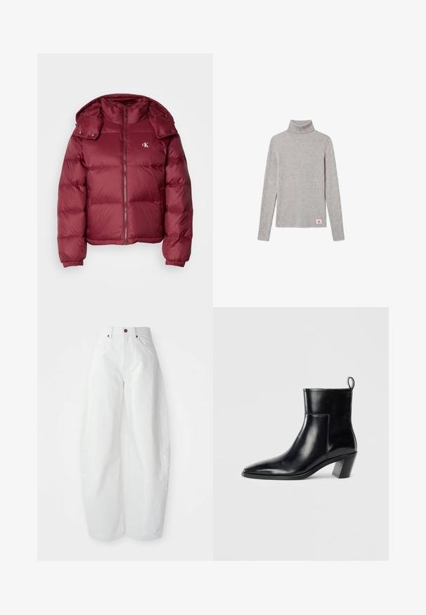 Bordeaux pufferjakke med lynlås foran, aftagelig hætte, ribbede manchetter og Calvin Klein-logo på brystet. Glat, blank overflade.; Lysegrå ribbet langærmet rullekravesweater med et lille rødt og hvidt CK-logo nær nederste kant.; Højtaljede hvide denimbukser med løs pasform. Har en knaplukning, sidelommer og et minimalistisk design. Glat tekstur.; Sort læder ankelstøvle med spids tå, geometrisk stablet hæl og en løftestrop bagpå. Glat tekstur og slankt design.