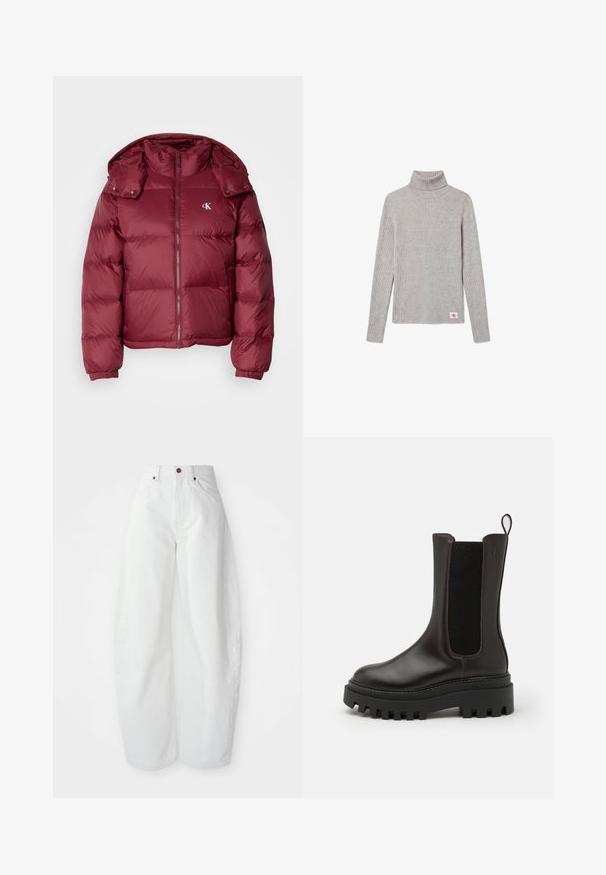 Bordeaux kleurige pufferjack met een rits aan de voorkant, afneembare capuchon, geribbelde boorden en het Calvin Klein-logo op de borst. Soepele, glanzende textuur.; Lichtgrijze geribde coltrui met lange mouwen en een klein rood-wit CK-logo bij de onderzoom.; Hoge taille witte spijkerbroek met een losse pasvorm. Voorzien van een knoopsluiting, zijzakken en een minimalistisch ontwerp. Glad textuur.; Bruine leren enkellaarsjes met een gestructureerd elastisch paneel, dikke zwarte rubberen zool en een lusje om aan te trekken. Slanke vormgeving met minimale stiksels.
