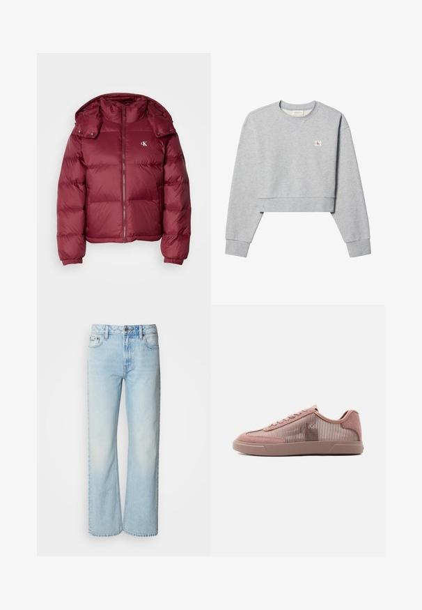 Bordeaux pufferjakke med lynlås foran, aftagelig hætte, ribbede manchetter og Calvin Klein-logo på brystet. Glat, blank overflade.; Lysegrå cropped sweatshirt med lange ærmer, rund hals og lille rød og hvid Calvin Klein-logo på venstre bryst.; Lyseblå brede jeans lavet af denim med et klassisk fem-lomme design og en subtil falmet tekstur. Denim-syninger er synlige.; Lav sko i mauve med stribet stof og ruskindsdetaljer, snørelukning og diskret "CK"-logo på siden, med flad gummisål.