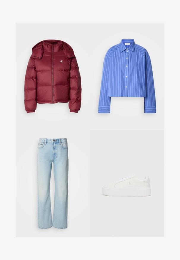 Bordeaux pufferjakke med lynlås foran, aftagelig hætte, ribbede manchetter og Calvin Klein-logo på brystet. Glat, blank overflade.; Beskaaret blå skjorte med lodrette hvide striber, klassisk krave, lange ærmer og knaplukning; lavet af glat, let stof.; Lyseblå brede jeans lavet af denim med et klassisk fem-lomme design og en subtil falmet tekstur. Denim-syninger er synlige.; Hvide platform sneakers med en glat læderoverdel, rund tå, hvide snørebånd og diskret logo-detalje på siden. Flad gummisål.