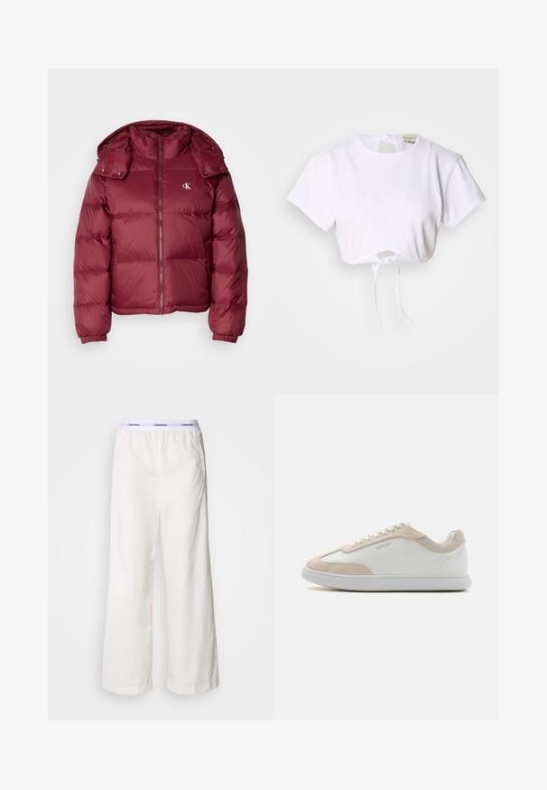 Bordeaux kleurige pufferjack met een rits aan de voorkant, afneembare capuchon, geribbelde boorden en het Calvin Klein-logo op de borst. Soepele, glanzende textuur.; Witte cropped t-shirt gemaakt van gladde stof. Heeft een ronde halslijn, korte mouwen en een trekkoord onderaan voor aanpassing.; Witte wijde broek met een elastische tailleband met een contrasterend Calvin Klein-logo. Gemaakt van gladde stof, bieden ze een ontspannen fit.; Witte leren sneakers met beige suède accenten en witte veters. Beschikt over een ronde neus en een gevoerde zool voor comfort.