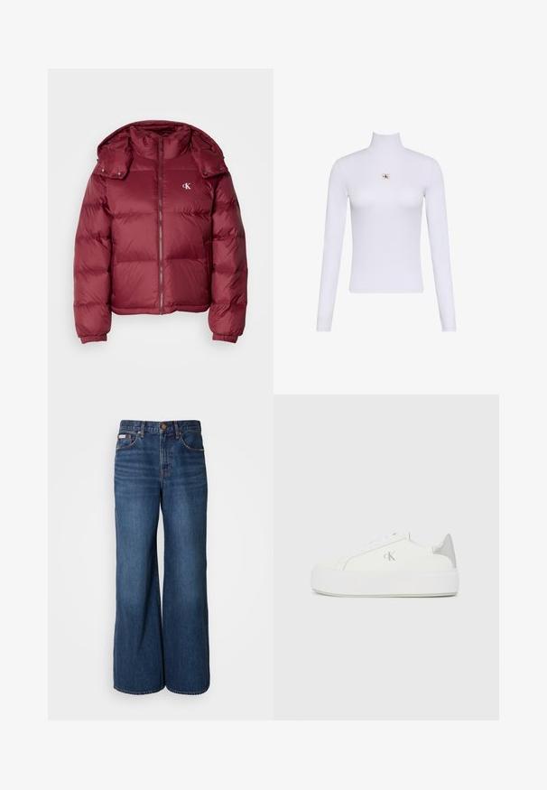 Bordeaux pufferjakke med lynlås foran, aftagelig hætte, ribbede manchetter og Calvin Klein-logo på brystet. Glat, blank overflade.; Hvid langærmet rullekravetrøje med en lille Calvin Klein logo lap placeret centralt på brystet.; Bredde jeans lavet af mørkeblåt denim. Funktioner inkluderer en høj talje, fem lommer og kontrasterende orange syninger langs sømmene.; Hvide lærredssneakers med en tyk hvid sål, prydet med en metallic sølvaccent på hælen og en diskret logo-detalje på siden.