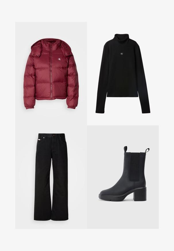 Burgunderfarbene Pufferjacke mit Reißverschluss vorne, abnehmbarer Kapuze, gerippten Bündchen und dem Calvin Klein-Logo auf der Brust. Glatte, glänzende Textur.; Schwarzes, geripptes Langarm-Top mit Rollkragen und kleinem quadratischem Calvin Klein Logo-Patch zentral auf der Brust.; Schwarze weite Jeans aus Baumwolle. Verfügt über frontale Taschen, einen Knopfverschluss und eine klassische Denim-Textur. Minimalistisches Design ohne Muster.; Schwarze Knöchelstiefel aus glattem Gummi-Material, mit elastischen Seitenpaneelen, Blockabsatz und Zugschlaufen oben für ein einfaches Anziehen.