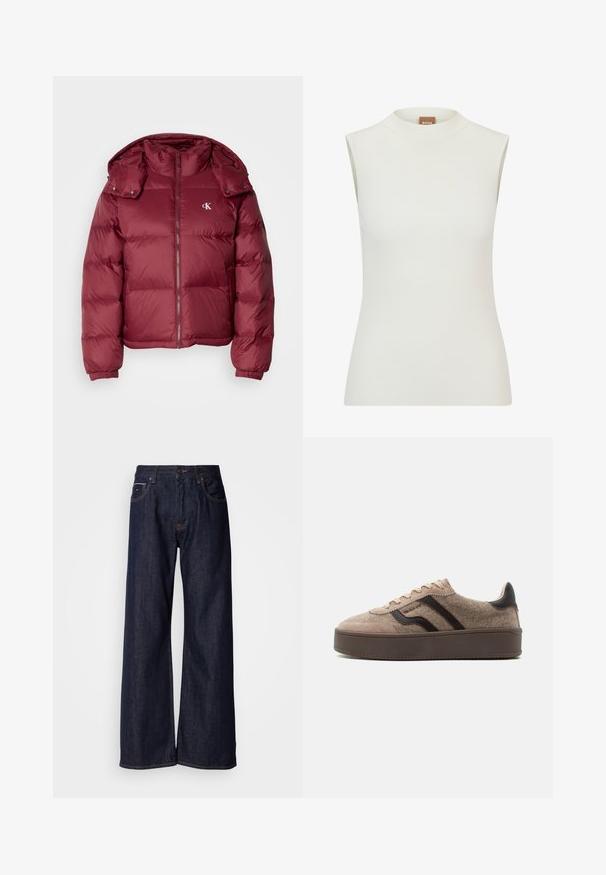 Burgunderfarbene Pufferjacke mit Reißverschluss vorne, abnehmbarer Kapuze, gerippten Bündchen und dem Calvin Klein-Logo auf der Brust. Glatte, glänzende Textur.; Weißes, ärmelloses Oberteil mit hohem Kragen, das eine gerippte Textur und eine figurbetonte Passform aufweist. Das Markenlabel "BOSS" ist am Kragen sichtbar.; Weite dunkelblaue Jeans mit hoher Taille, vorderen Taschen und subtilen Nähdetails. Glatte Textur mit klassischem Schnitt.; Beiger Sneaker mit niedriger Plattform, Velours- und Wolltexturen, dunkelbraunen Wellenmustern, beigen Schnürsenkeln und einer dunkelbraunen Sohle.