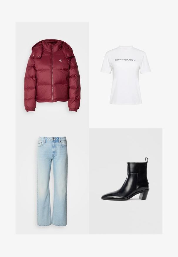 Bordeaux kleurige pufferjack met een rits aan de voorkant, afneembare capuchon, geribbelde boorden en het Calvin Klein-logo op de borst. Soepele, glanzende textuur.; Wit katoenen T-shirt met een ronde hals en korte mouwen, met de tekst "Calvin Klein Jeans" in zwarte print over de borst.; Lichtblauwe wijde jeans van denim, voorzien van een klassiek vijf-pocket ontwerp en een subtiele vervaagde textuur. Denimstiksels zijn zichtbaar.; Zwarte leren enkelboot met een spitse neus, een geometrische gestapelde hak en een trekband aan de achterkant. Gladde textuur en slank ontwerp.
