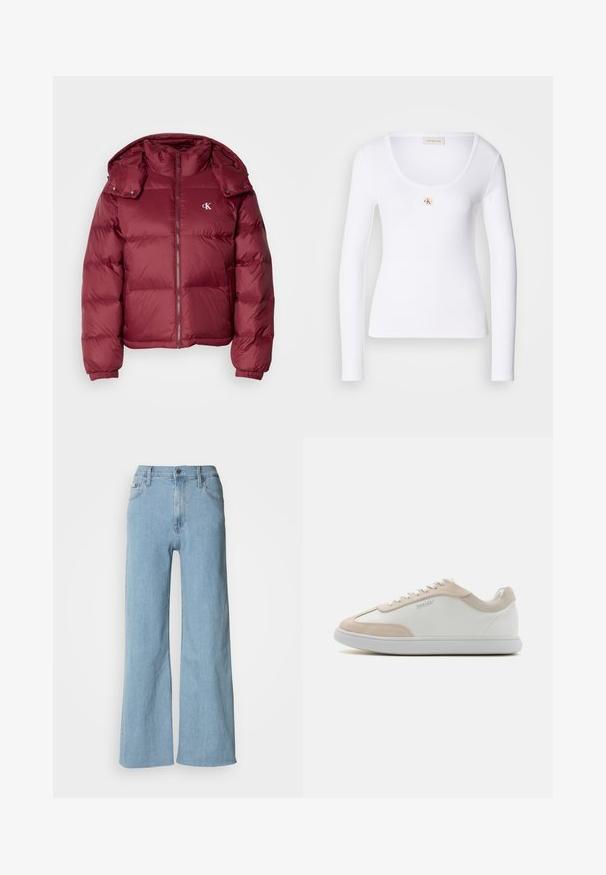 Burgunderfarbene Pufferjacke mit Reißverschluss vorne, abnehmbarer Kapuze, gerippten Bündchen und dem Calvin Klein-Logo auf der Brust. Glatte, glänzende Textur.; Weißes Langarm-T-Shirt aus Rippstoff, mit einem runden Ausschnitt und einem kleinen rechteckigen Logo in der Mitte.; Hellblaue weite Jeans aus Denim, mit einer enganliegenden Taille, Fünf-Taschen-Design und dezenten Nähdetails.; Weiße Ledersneaker mit beigen Wildleder-Akzenten und weißen Schnürsenkeln. Sie verfügen über eine runde Zehenform und eine gepolsterte Sohle für zusätzlichen Komfort.