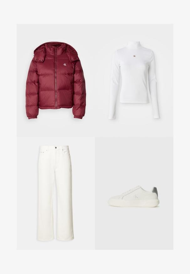 Bordeaux pufferjakke med lynlås foran, aftagelig hætte, ribbede manchetter og Calvin Klein-logo på brystet. Glat, blank overflade.; Langærmet, hvid turtleneck-top lavet af ribbet materiale. Har et lille broderet logo i midten. Tæt pasform uden mønstre.; Hvide jeans med vide ben, foran med knap, bæltestropper og fem-lomme design.; Hvide sneakers lavet af læder med en glat tekstur, forsynet med en sølvaccent på hælen, flad sål og minimalistisk design.