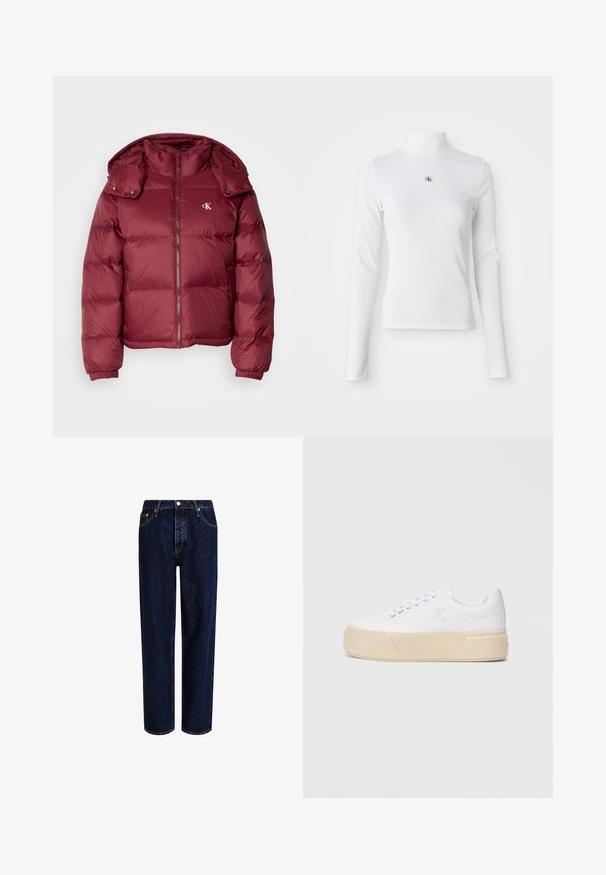 Bordeaux pufferjakke med lynlås foran, aftagelig hætte, ribbede manchetter og Calvin Klein-logo på brystet. Glat, blank overflade.; Langærmet, hvid turtleneck-top lavet af ribbet materiale. Har et lille broderet logo i midten. Tæt pasform uden mønstre.; Mørkeblå denim jeans med lige ben-design, der har høj talje, fem-lomme-stil og kontrastsyninger. Ingen dekorationer.; Hvide kanvas sneakers med en kraftig beige platformsål, der har et diskret broderet logo på siden og klassisk snørebåndsdesign.