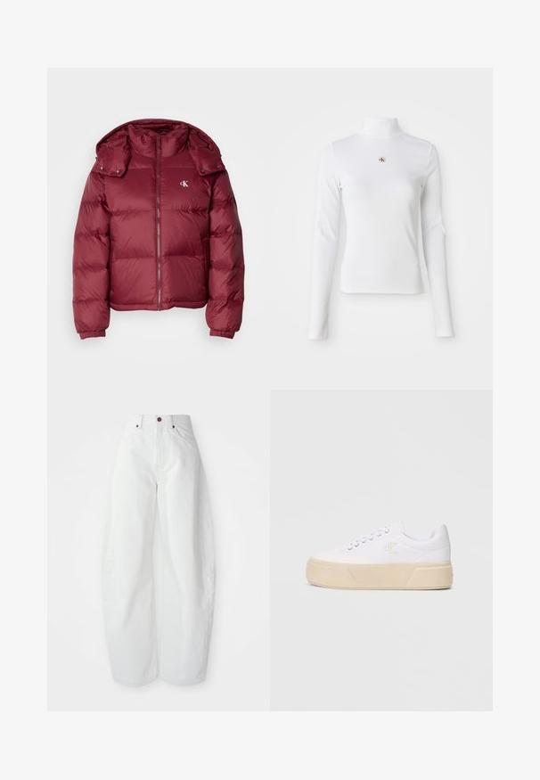 Bordeaux kleurige pufferjack met een rits aan de voorkant, afneembare capuchon, geribbelde boorden en het Calvin Klein-logo op de borst. Soepele, glanzende textuur.; Witte turtleneck met lange mouwen, gemaakt van ribbelstof. Bevat een klein geborduurd logo in het midden. Aansluitend ontwerp zonder patronen.; Hoge taille witte spijkerbroek met een losse pasvorm. Voorzien van een knoopsluiting, zijzakken en een minimalistisch ontwerp. Glad textuur.; Witte canvas sneakers met een stevige beige platformzool, voorzien van een subtiel geborduurd logo aan de zijkant en een klassiek vetersluiting ontwerp.
