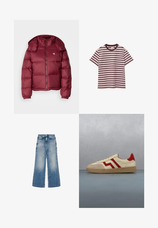 Bordeaux pufferjakke med lynlås foran, aftagelig hætte, ribbede manchetter og Calvin Klein-logo på brystet. Glat, blank overflade.; Kortærmet bomuld T-shirt med horisontale mørkerøde og hvide striber og en ensfarvet mørkerød rund halsudskæring, lagt fladt på hvid baggrund.; Vidbenet jeans i lyseblåt denim, med høj talje, to forlommer samt en falmet vask med en glat tekstur og synlige syninger.; Beige læder-sneaker med røde accenter og tekstureret gummisål. Har et klassisk design med to røde striber og cremefarvede snørebånd.