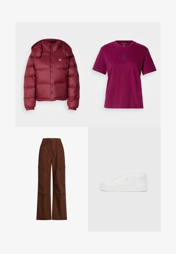 Bordeaux pufferjakke med lynlås foran, aftagelig hætte, ribbede manchetter og Calvin Klein-logo på brystet. Glat, blank overflade.; Magenta bomulds-t-shirt med rund hals, korte ærmer og et blåt logo på brystet. Har en afslappet pasform og en glat tekstur.; Brune cargo-bukser med brede ben, flere sidelommer, høj talje og robust bomuldsstof med en glat textured.; Hvide platform sneakers med en glat læderoverdel, rund tå, hvide snørebånd og diskret logo-detalje på siden. Flad gummisål.