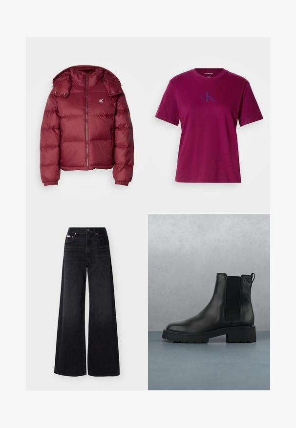 Bordeaux pufferjakke med lynlås foran, aftagelig hætte, ribbede manchetter og Calvin Klein-logo på brystet. Glat, blank overflade.; Magenta bomulds-t-shirt med rund hals, korte ærmer og et blåt logo på brystet. Har en afslappet pasform og en glat tekstur.; Sorte jeans med vide ben, høj talje, forreste knap og lynlås, bæltestropper og femlommedesign.; Sort læder Chelsea-boot med elastiske sidepaneler, tekstureret finish og en robust sål, placeret over brune træfliser med småsten.