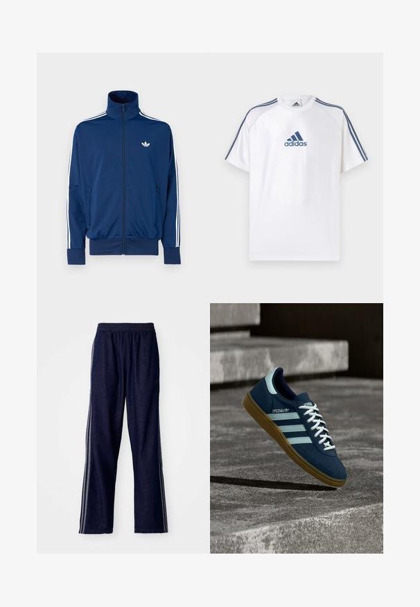Temno modra trenirka z visokim ovratnikom, sprednjim zadrgo in belimi črtami po rokavih. Na prsih majhen beli logotip.; Bela Adidas majica z modrimi poudarki, kratkimi rokavi in okroglim izrezom. Na sprednji strani je modri logotip Adidas in trije trakovi na ramenih.; Temno modri športni hlače z elastičnim pasom, ki imajo tri bele stranske proge in ravno nogavico. Mehka denimska tekstura.; Modri Adidas Spezial športni copati z belimi črtami in vezalkami, gumijastim podplatom, lebdeči nad grobo betonsko površino in stopnicami v ozadju.