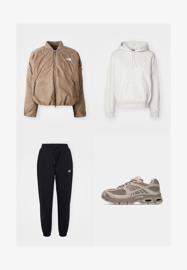 Brun isoleret bomberjakke med ribbet krave, frontlynlås og sidelommer; har logoet i hvid på venstre bryst.; New Balance ESSENTIALS HOODIE - Hættetrøje - ash heather; Sorte joggingbukser med elastisk talje og manchetter, snoretræk, sidelommer og lille hvid The North Face-logo på højre lår.; Beige sportssko med mesh-overdel, formede detaljer, rund tå og synlig luftdækning i sålen. Snørebånd i neutral farve.