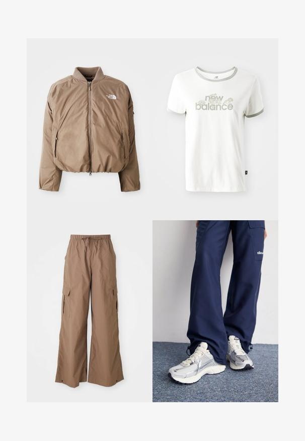 Brun isoleret bomberjakke med ribbet krave, frontlynlås og sidelommer; har logoet i hvid på venstre bryst.; Hvid bomulds T-shirt med grå kant, der har et blomstermotiv og teksten "new balance" i lys grøn. Korte ærmer, almindelig pasform.; Brune løse cargo-bukser med snor i taljen og sidelommer med klap, bred ben-design, præsenteret mod en hvid baggrund.; Nike sportssko med en sølvfarvet mesh-overdel, hvide detaljer og strukturerede såler, parret med løstsiddende navy bukser.