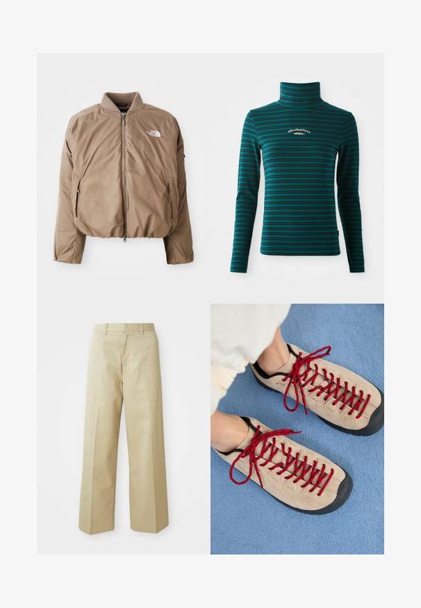 Brun isoleret bomberjakke med ribbet krave, frontlynlås og sidelommer; har logoet i hvid på venstre bryst.; Langærmet turtleneck top i teal med mørkeblå vandrette striber. Har et lille hvidt og guld logo på brystet. Blødt, strækbart stof.; Beige vide bukser lavet af bomuld med en glat tekstur. Har en lige pasform, bæltestropper og skrå lommer.; Beige sko med røde snørebånd, placeret på en blå tekstureret overflade, delvist synliggørende en persons ankel. Skoene har et sporty design.
