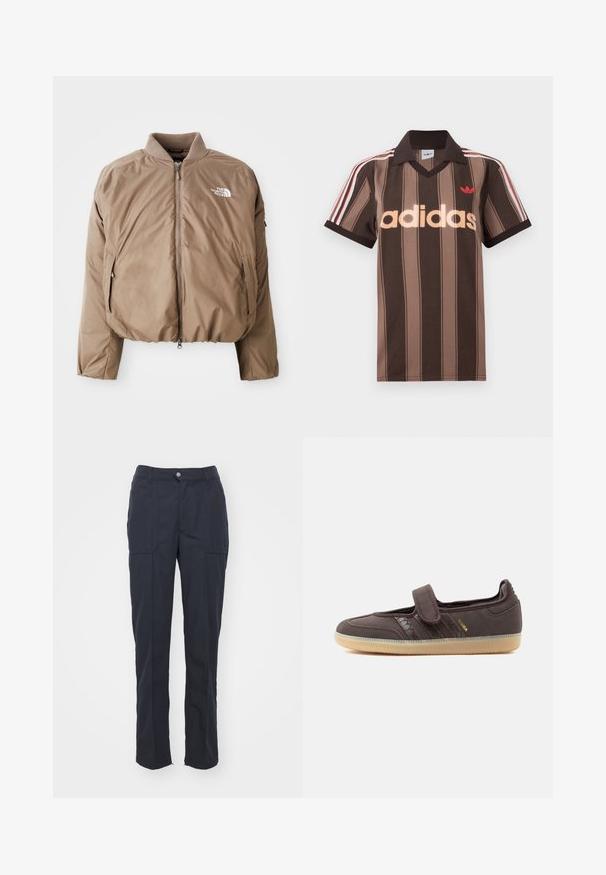 Brun isoleret bomberjakke med ribbet krave, frontlynlås og sidelommer; har logoet i hvid på venstre bryst.; Brunstribet Adidas polo-shirt med V-hals, bordeaux krave og rødt logo. Har hvide og røde skulderstriber samt korte ærmer.; Mørkeblå bukser med lige pasform, som har to forlommer, en knaplukning og en glat stofstruktur.; Brun Adidas Samba sneaker med velcro rem, gummisål og signaturstriber med krokodillemønster på hvid baggrund.