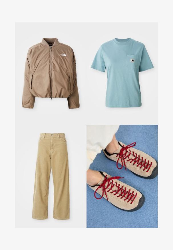 Brun isoleret bomberjakke med ribbet krave, frontlynlås og sidelommer; har logoet i hvid på venstre bryst.; Lyseblå kortærmet bomulds T-shirt med brystlomme og et lille sort-hvidt Carhartt logo patch.; Beige fløjl bukser med høj talje, brede ben, forlommer og en enkelt metalknaplukning. Blød tekstur med subtile ribbede detaljer.; Beige sko med røde snørebånd, placeret på en blå tekstureret overflade, delvist synliggørende en persons ankel. Skoene har et sporty design.