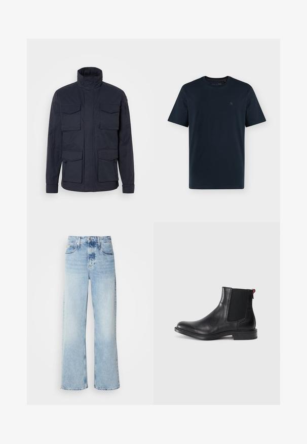 Veste bleu marine en tissu avec un col haut, dotée de quatre poches avant et d'une poche zippée sur la manche.; T-shirt bleu marine foncé à manches courtes et col rond avec un petit logo discret sur la poitrine gauche sur fond blanc.; Jean large bleu clair à taille haute, avec une finition délavée, des passants de ceinture et un design classique à cinq poches. L'ourlet est brut.; Bottine Chelsea en cuir noir avec des panneaux élastiques sur les côtés, bout rond et petit talon empilé. Équipée d'une languette rouge et d'un logo subtil sur le côté.