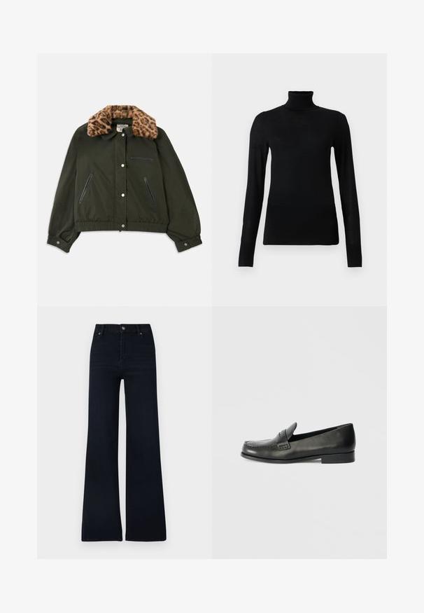 Ελιά πράσινο bomber jacket με γιακά από μη-real leopard print, εμπρός κούμπωμα με κουμπιά, και δύο φερμουάρ πλαγιές τσέπες. Ελαστικές μανσέτες και στρίφωμα.; Μαύρο πουλόβερ με ψηλό λαιμό φτιαγμένο από μαλακό, ελαφρύ υλικό. Διαθέτει μακριά μανίκια και εφαρμοσμένο σχέδιο.; Τζιν παντελόνι σε σκούρο μπλε χρώμα με φαρδιά καμπάνα, κατασκευασμένο από τζιν ύφασμα. Διαθέτει κλείσιμο με κουμπί, πέντε τσέπες και απλό σχέδιο με ελάχιστες διαφοροποιήσεις στην υφή.; Μαύρα δερμάτινα loafers με στρογγυλή μύτη, ανυψωμένες ραφές και χαμηλό στοίβασμα τακούνι. Λείος υφής με διακριτική γυαλάδα.