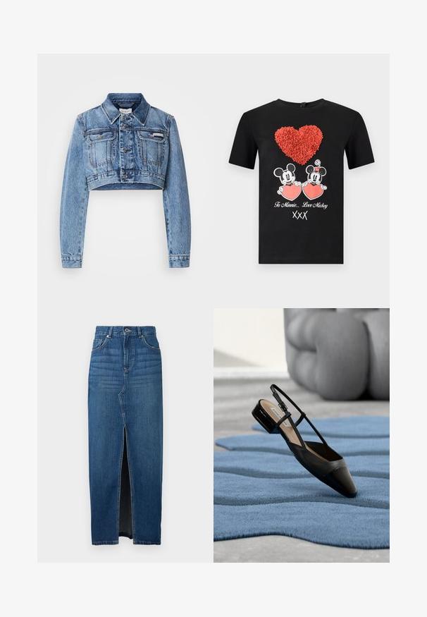 Lysblå cropped denimjakke med frontknapper, to brystlommer og klassisk krave. Har subtile falmninger og synlingsdetaljer.; ONLY ONLMICKEY VALENTINE - T-shirts print - black; Jeansnederdel i mørkeblå, med en frontslid, høj talje og fem-lomme design. Lavet af solid denim materiale med synlige sømme.; Sort laklædersko med slingback og lav blokhæl, hvilende på et tekstureret blåt bølgemønster tæppe og gråt polstret møbel.
