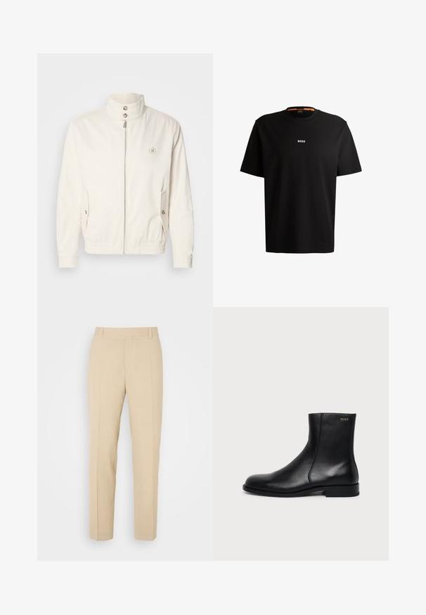 Veste légère blanche avec un col haut, fermeture éclair à l'avant, deux poches latérales et des poignets élastiques. Présente un logo sur la poitrine gauche.; T-shirt en coton noir avec un col rond, des manches courtes, et le logo blanc "BOSS" centré sur la poitrine. Texture lisse, coupe décontractée.; Pantalons beige ajustés avec une coupe droite, fabriqués en tissu léger, dotés de deux poches avant et de plis bien repassés.; Bottine en cuir noir à talon bas, couture latérale et petit logo "HUGO" sur le revers supérieur sur un fond uni.