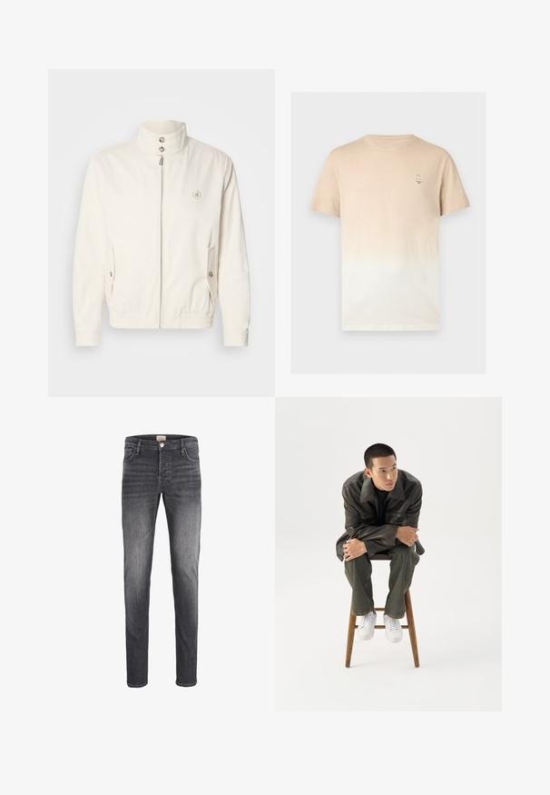 Veste légère blanche avec un col haut, fermeture éclair à l'avant, deux poches latérales et des poignets élastiques. Présente un logo sur la poitrine gauche.; T-shirt à manches courtes dégradé beige vers blanc, col rond et petit logo rectangulaire sur la poitrine gauche.; Jean en denim gris coupe droite, avec fermeture à bouton, design à cinq poches et subtiles variations de texture.; Jeune homme en veste en cuir foncée et jean, assis sur un tabouret en bois, penché en avant, les bras croisés, regardant sur le côté sur fond blanc.