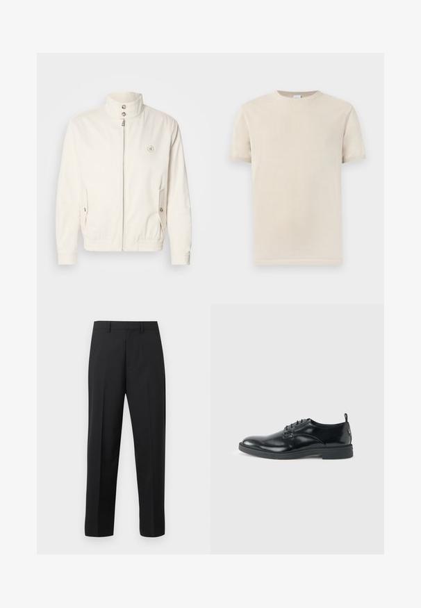 Veste légère blanche avec un col haut, fermeture éclair à l'avant, deux poches latérales et des poignets élastiques. Présente un logo sur la poitrine gauche.; T-shirt beige à manches courtes avec col rond et poignets côtelés, présenté sur un fond clair uni.; Pantalon droit noir avec passants de ceinture, pli avant et braguette zippée sur fond blanc.; Chaussure habillée en cuir noir brillant avec un petit talon, fermeture à lacets et bout rond, vue de côté sur un fond uni et clair.