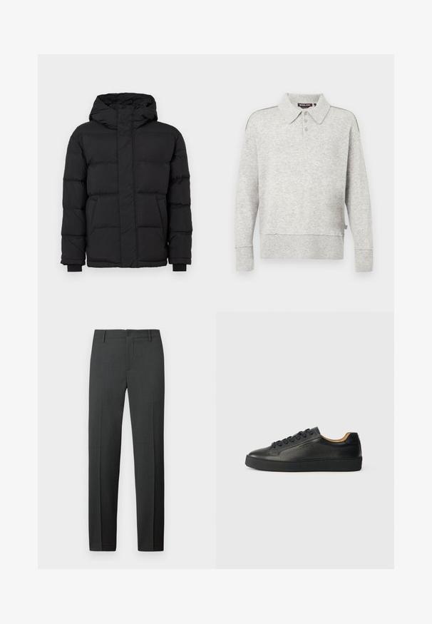 Veste matelassée noire avec capuche, design matelassé, poignets élastiques, fermeture éclair et poches avant. Fabriquée en matériau synthétique léger.; Pull polo gris clair à manches longues avec patte de boutonnage, poignets et ourlet côtelés, et une texture tricotée douce.; Pantalon gris foncé sur mesure en tissu lisse. Comprend une fermeture à boutons, des passants pour ceinture et des jambes droites pour une coupe classique.; Baskets basses en cuir noir avec surface texturée, lacets noirs et semelle en caoutchouc épaisse, présentées de côté sur un fond clair.