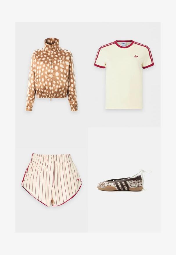 Brown zip-up jacket with white spotted pattern, high collar, elastic cuffs, and white Adidas stripes on sleeves.; Cream short-sleeve Adidas T-shirt with red ribbed collar, sleeve ends, three red stripes on shoulders, and red Adidas trefoil logo on chest.; Cream shorts with vertical red stripes, elastic waistband, two front buttons, and red trim along curved hems.; Flat ballet shoe with brown and white speckled pattern, three dark stripes on the side, light brown sole, and white ankle tie laces.