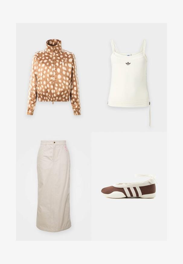 Brown zip-up jacket with white spotted pattern, high collar, elastic cuffs, and white Adidas stripes on sleeves.; Cream tank top with thin straps; Adidas logo in black at chest. Smooth fabric with a drawstring detail at the hem. Simple design.; Beige pinstriped skirt with a high waist, concealed zipper, and metal button closure. Includes a small branded label on the front.; Brown and white ballet flat shoe with three white stripes and ankle tie bow on a plain light background.