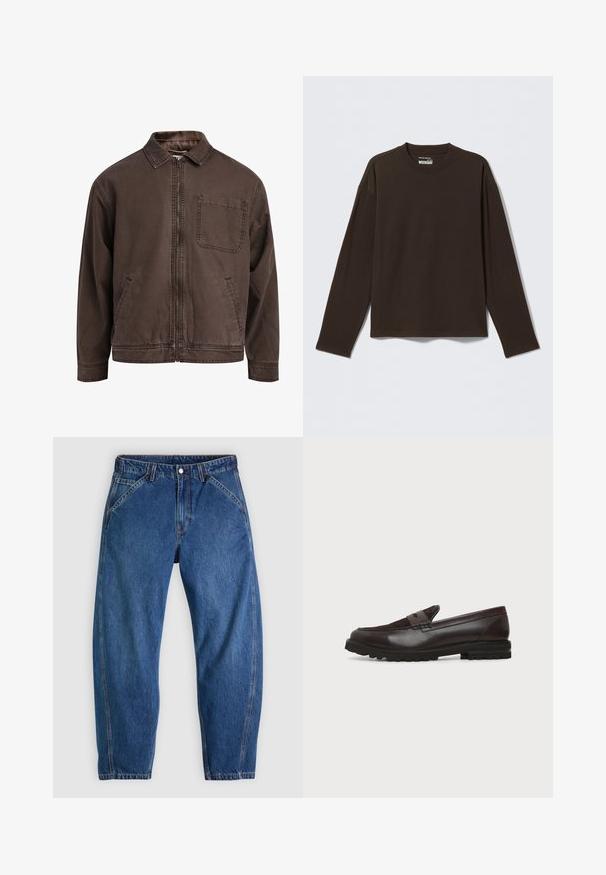 Veste brune zippée en tissu durable ; elle est dotée d'un col, de manches longues, de poches avant et d'une poche poitrine.; T-shirt à manches longues marron foncé avec col rond et ourlet droit, posé à plat sur un fond gris clair.; Jean en denim bleu à coupe décontractée, doté d'une fermeture à boutons, de cinq poches et de surpiqûres orange contrastantes. Texture lisse sur toute la surface.; Mocassin penny en cuir et daim marron foncé avec semelle épaisse en caoutchouc noir, profil latéral sur fond blanc.