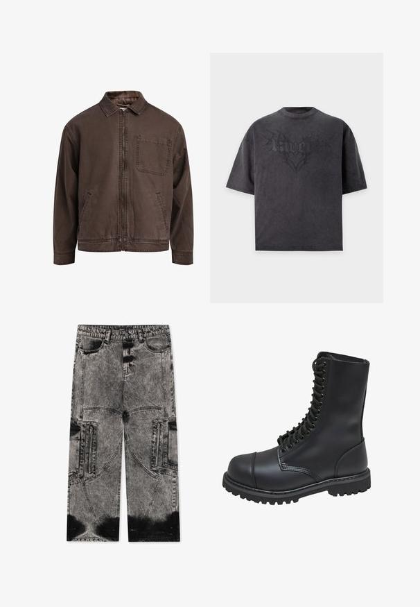 Brun, lynlåsjakke lavet af slidstærkt stof; har en krave, lange ærmer, forlommer og en enkelt brystlomme.; Sort oversized T-shirt med korte ærmer med subtilt mørkt grafisk motiv og ordet "pamelk" i stiliseret skrifttype på brystet.; FAVELA BIG POCKET - Loose-jeans - black acid washed; Sort læder kampstøvle med høj skaft, snørebånd foran, polstret krave og en robust tekstureret sål for godt greb. Har forstærket tåhætte.