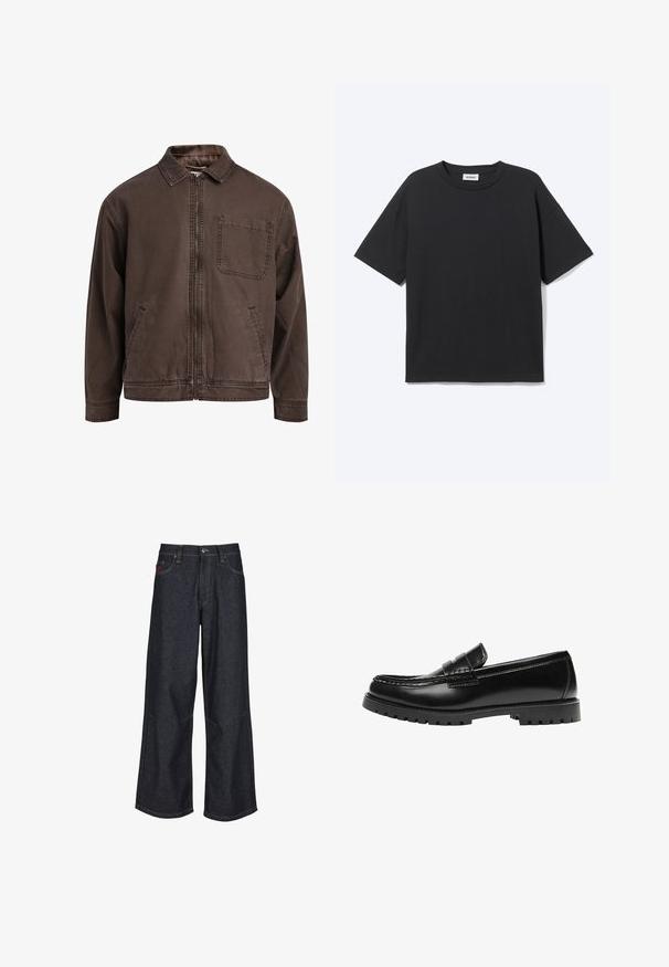 Veste brune zippée en tissu durable ; elle est dotée d'un col, de manches longues, de poches avant et d'une poche poitrine.; T-shirt noir à manches courtes avec col rond, coupe décontractée, vue de face, design uni et étiquette de la marque Weekday visible à l’intérieur du col.; Jean à jambes larges bleu foncé en denim, avec un design classique à cinq poches, des surpiqûres contrastantes et une braguette à boutons.; Mocassin en cuir noir avec une semelle en caoutchouc épaisse et un détail classique de bride à monnaie, vu de côté extérieur.