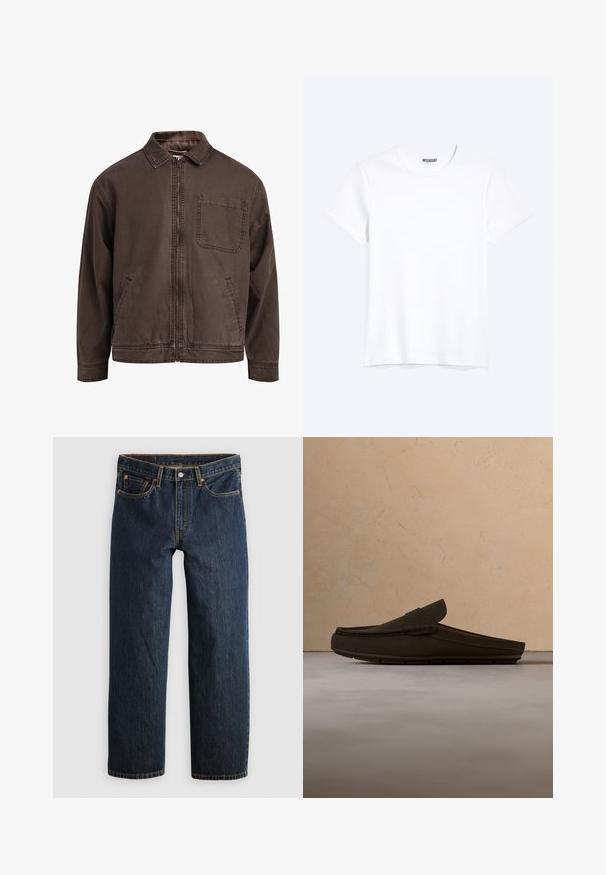 Veste brune zippée en tissu durable ; elle est dotée d'un col, de manches longues, de poches avant et d'une poche poitrine.; T-shirt blanc uni à manches courtes et col rond avec une étiquette de la marque WEEKDAY visible au niveau du col, présenté sur un fond clair.; Jean en denim bleu foncé avec une coupe droite. Comprend cinq poches, des surpiqûres contrastantes et une fermeture à bouton à la taille.; Mocassin sans lacets en daim marron foncé flottant au-dessus d'un tapis beige texturé, avec une table basse ronde en bois et des livres empilés en arrière-plan.