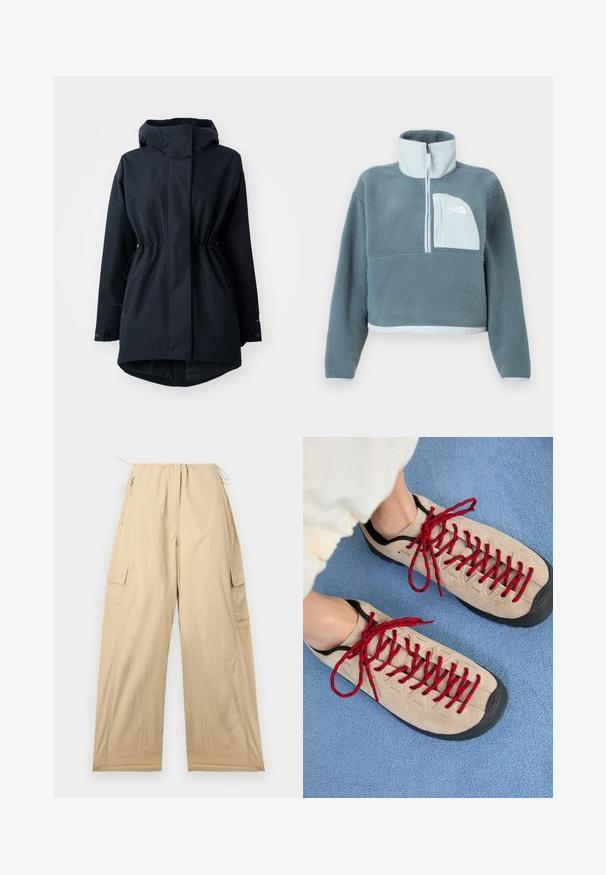 Marineblauer Parka mit Kapuze, verstellbaren Taillen-Zugbändern und Knopfmanschetten, designed für kaltes Wetter.; Blauer Fleece-Pullover mit halbem Reißverschluss, hohem Kragen und einer hellblauen Brusttasche mit dem Logo von The North Face.; Beige Cargo-Hosen mit lockerer Passform, ausgestattet mit einem Kordelzugbund, zwei Seitentaschen und einem glatten, leichten Material.; Beige Schuhe mit roten Schnürsenkeln, die auf einer blauen strukturierten Fläche positioniert sind und teilweise ein Fußgelenk einer Person zeigen. Die Schuhe haben ein sportliches Design.