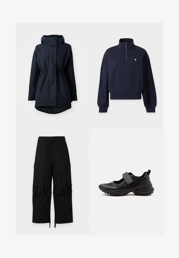 Marineblauer Parka mit Kapuze, verstellbaren Taillen-Zugbändern und Knopfmanschetten, designed für kaltes Wetter.; Marineblauer Sweatpullover mit Viertel-Reißverschluss, gerippten Bündchen und Saum, mit kleinem weißem Logo auf der linken Brust.; Schwarze Cargohosen mit elastischem Bund, Knopfverschluss, seitlichen Klappentaschen und weiten, geraden Beinen mit verstellbaren Säumen.; Schwarzer sportlicher Mary Jane Schuh mit dicker Profilsohle, verstellbarem Riemen über dem Spann und Zuglasche an der Ferse.