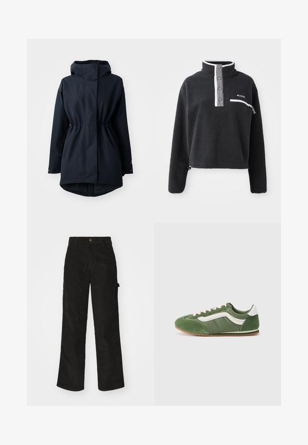 Marineblauer Parka mit Kapuze, verstellbaren Taillen-Zugbändern und Knopfmanschetten, designed für kaltes Wetter.; Schwarzer Fleece-Pullover mit halbem Reißverschlusskragen, ausgestattet mit einer vorderen Brusttasche und kontrastierenden weißen und grauen Akzenten. Weicher Stoff, cropped Design.; Schwarze Cordhosen mit geradem Schnitt, ausgestattet mit einem Knopfverschluss und einer Seitenlasche. Glatte Textur mit feinen verticalen Streifen.; Grüne Sneakers mit einer Kombination aus strukturiertem Wildleder und glattem Stoff, ausgestattet mit weißen Akzenten, pinken Schnürsenkeln und einer braunen Gummisohle.