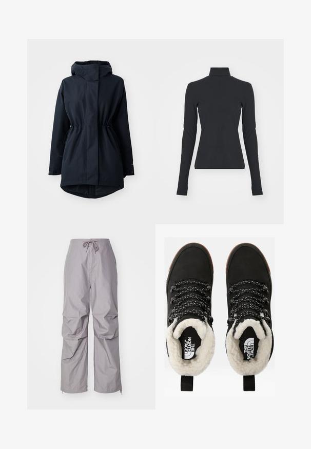 Marineblauer Parka mit Kapuze, verstellbaren Taillen-Zugbändern und Knopfmanschetten, designed für kaltes Wetter.; Schwarzes, geripptes Rollkragenshirt mit langen Ärmeln, figurbetontem Schnitt, glatter Textur und dezentem Stretch, entworfen für Komfort und zum Schichten.; Graue, lässig geschnittene Hosen aus leichtem Stoff, mit einem Kordelzugbund und schmalen Bündchen mit Reißverschlüssen. Strukturierte Oberfläche.; Schwarze wasserdichte Knöchelstiefel mit einem Futter aus Kunstfell, strukturiertem Stoff, weiß-schwarzem Muster für die Schnürsenkel und einer Schlaufe an der Ferse.