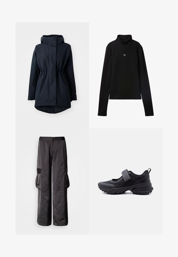 Marineblauer Parka mit Kapuze, verstellbaren Taillen-Zugbändern und Knopfmanschetten, designed für kaltes Wetter.; Schwarzes, geripptes Langarm-Top mit Rollkragen und kleinem quadratischem Calvin Klein Logo-Patch zentral auf der Brust.; Schwarze Cargohose aus glattem Stoff, mit weitem Bein, großen Seitentaschen und einem flachen Bund mit Akzentdetails.; Schwarzer Sportschuh mit robust profilierter Sohle, verstellbarem Riemen über dem Spann und Zuglasche an der Ferse, seitlich auf weißem Hintergrund abgebildet.