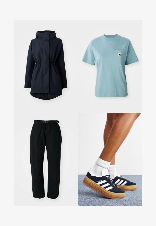 Navyblauwe gewatteerde parka met capuchon, voorzien van verstelbare taillekoord en knoopmanchetten, ontworpen voor koud weer.; Lichtblauw katoenen T-shirt met korte mouwen en een borstzak, voorzien van een klein zwart-wit Carhartt logo patch.; Zwarte lichtgewicht broek met een elastische tailleband en verstelbare riem. Kenmerkt zich door taps toelopende benen en versterkte knieën voor duurzaamheid.; Ben met witte sokken en zwarte Adidas Gazelle sneakers met witte strepen en dikke bruine zolen op een grijs tapijt.