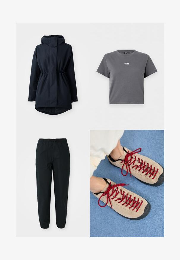 Navyblauwe gewatteerde parka met capuchon, voorzien van verstelbare taillekoord en knoopmanchetten, ontworpen voor koud weer.; Korte mouwen, grijs cropped t-shirt met ronde hals en een klein wit The North Face-logo gecentreerd op de borst.; Zwarte tapered broeken gemaakt van een fijne stof, met een elastische tailleband, trekkoord en zijzakken. Elastische boorden bij de enkels.; Beige schoenen met rode veters, geplaatst op een blauwe, gestructureerde ondergrond, onthullen gedeeltelijk de enkel van een persoon. De schoenen hebben een sportief ontwerp.